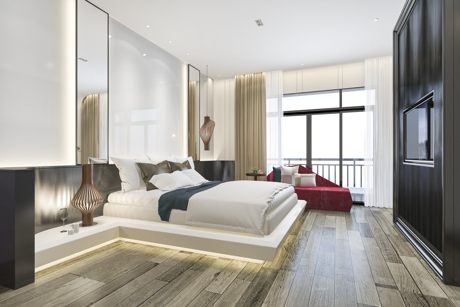 Lussuosa camera da letto con letto matrimoniale, balcone e arredamento moderno. Pavimento in legno chiaro e colori neutri.