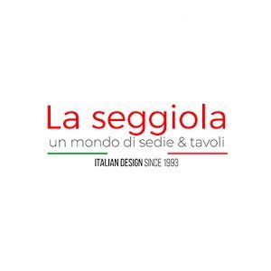 Logo for La seggiola, an Italian design furniture company, featuring text in red and green, 