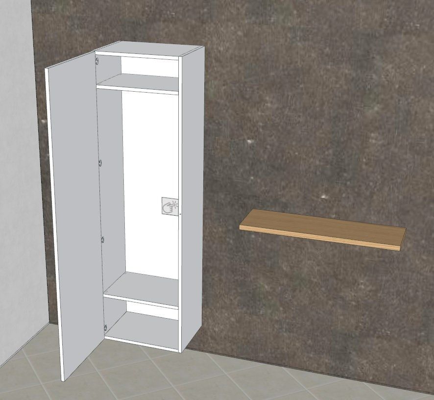 Mobile bianco con anta aperta e ripiani. Mensola in legno su parete marrone.