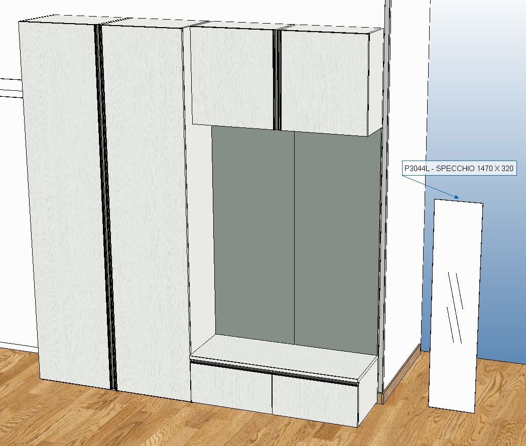 Un mobile bianco a muro con inserti grigi, su un pavimento in legno, accanto a una parete bianca.