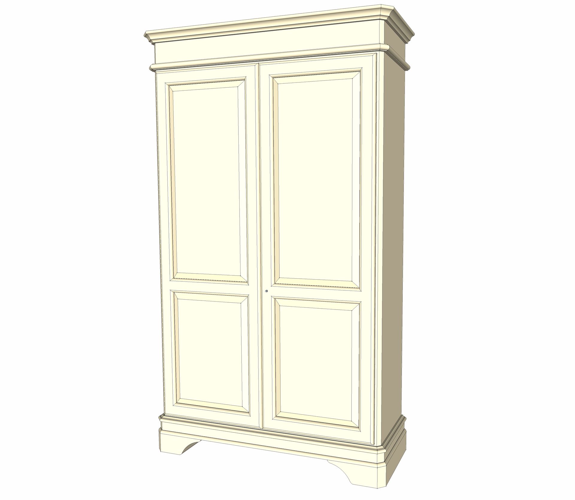 Armadio color crema con due ante, dettagli architettonici classici e base e piano sagomati.