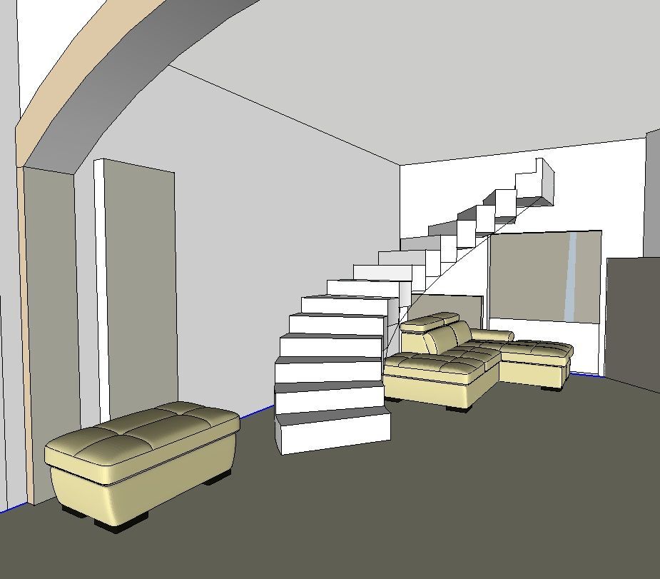 Interno con sedute beige, scala e pareti neutre.