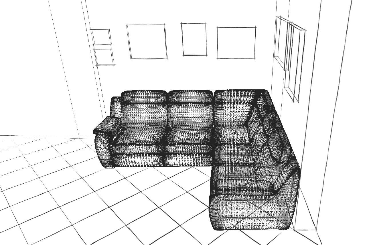 Disegno wireframe di un divano a L in una stanza con pavimento piastrellato, finestre e quadri alle pareti.