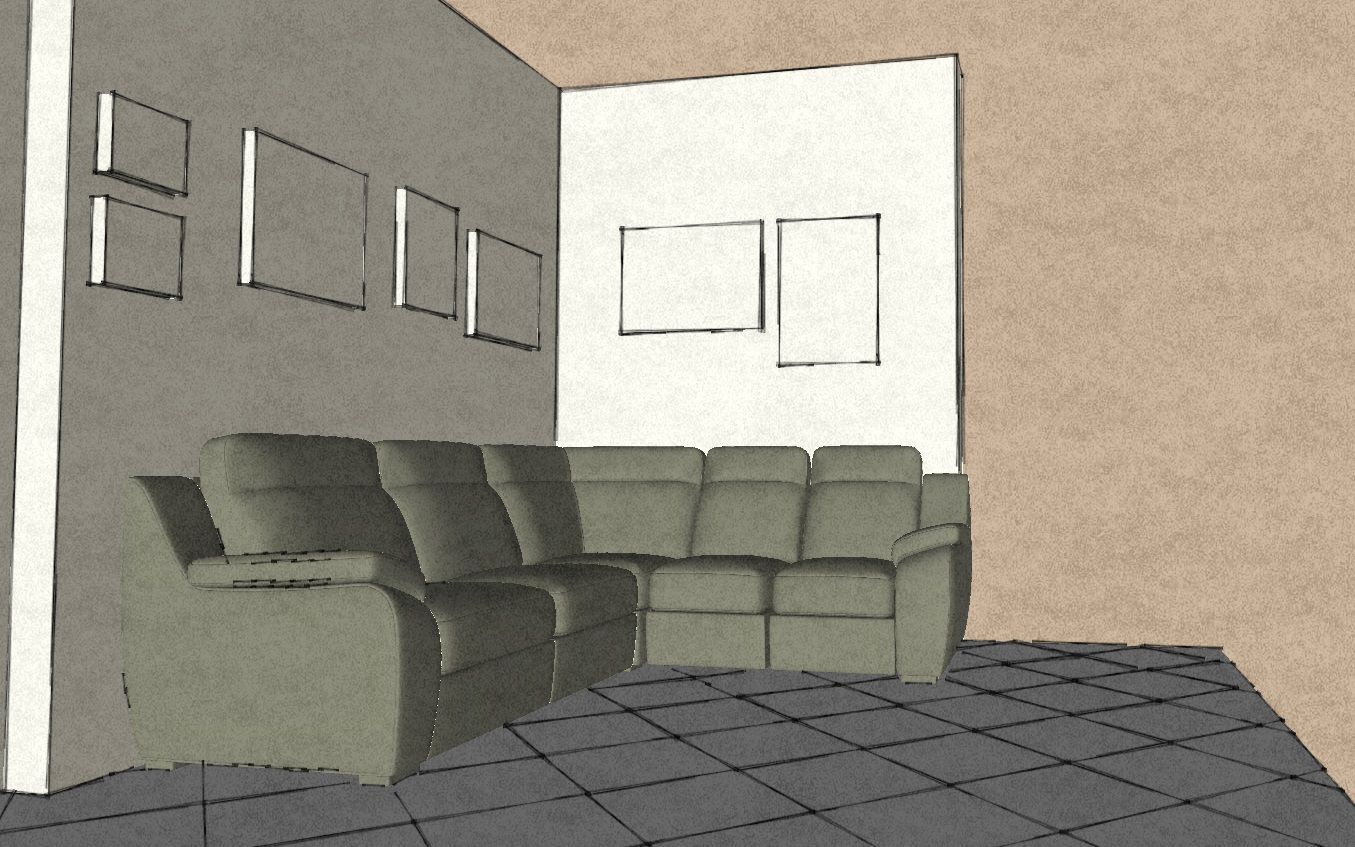 Divano angolare componibile in una stanza con opere d'arte e pavimento piastrellato. Pareti color beige, grigio e bianco.