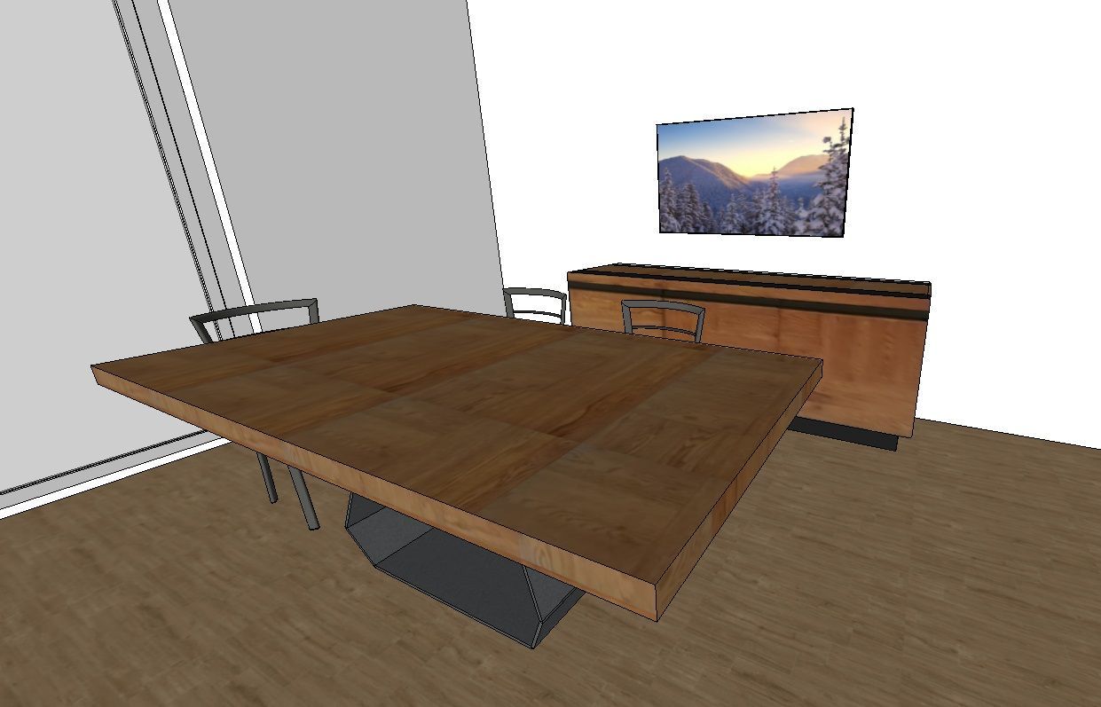 Tavolo da pranzo in legno con sedie, un mobiletto e un quadro di un paesaggio sulla parete.