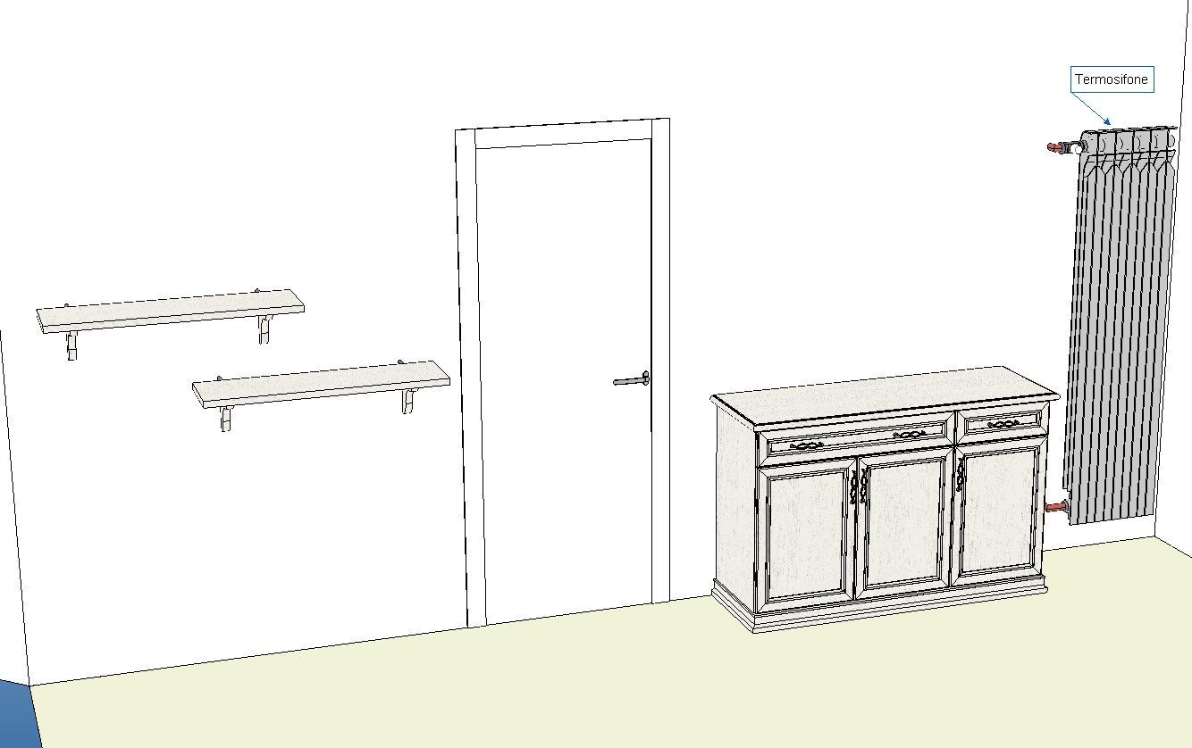 Interno di una stanza con una porta, scaffali, un mobiletto e tende.