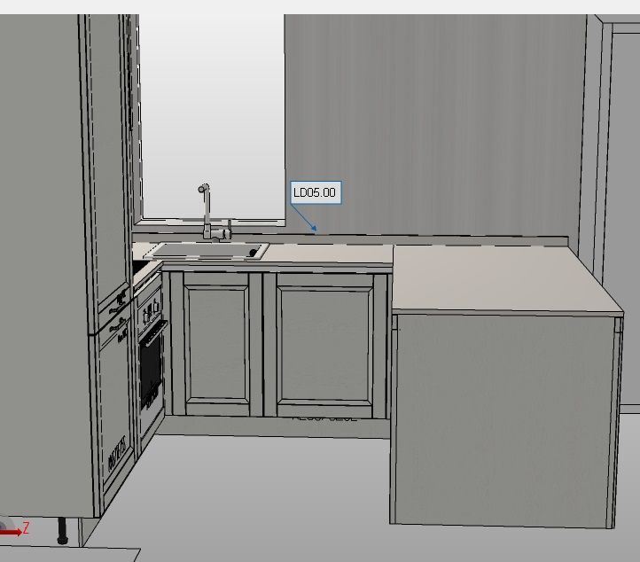 Rendering della cucina: mobili, lavello, finestra, forno e piano di lavoro con isola.