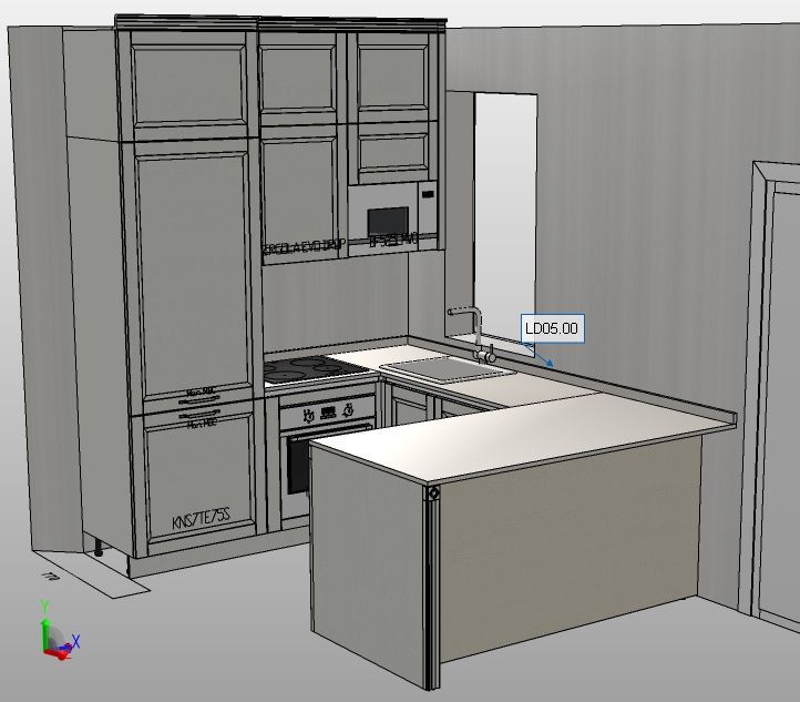 Rendering 3D di una cucina con mobili grigi, elettrodomestici e un'isola con piano di lavoro.