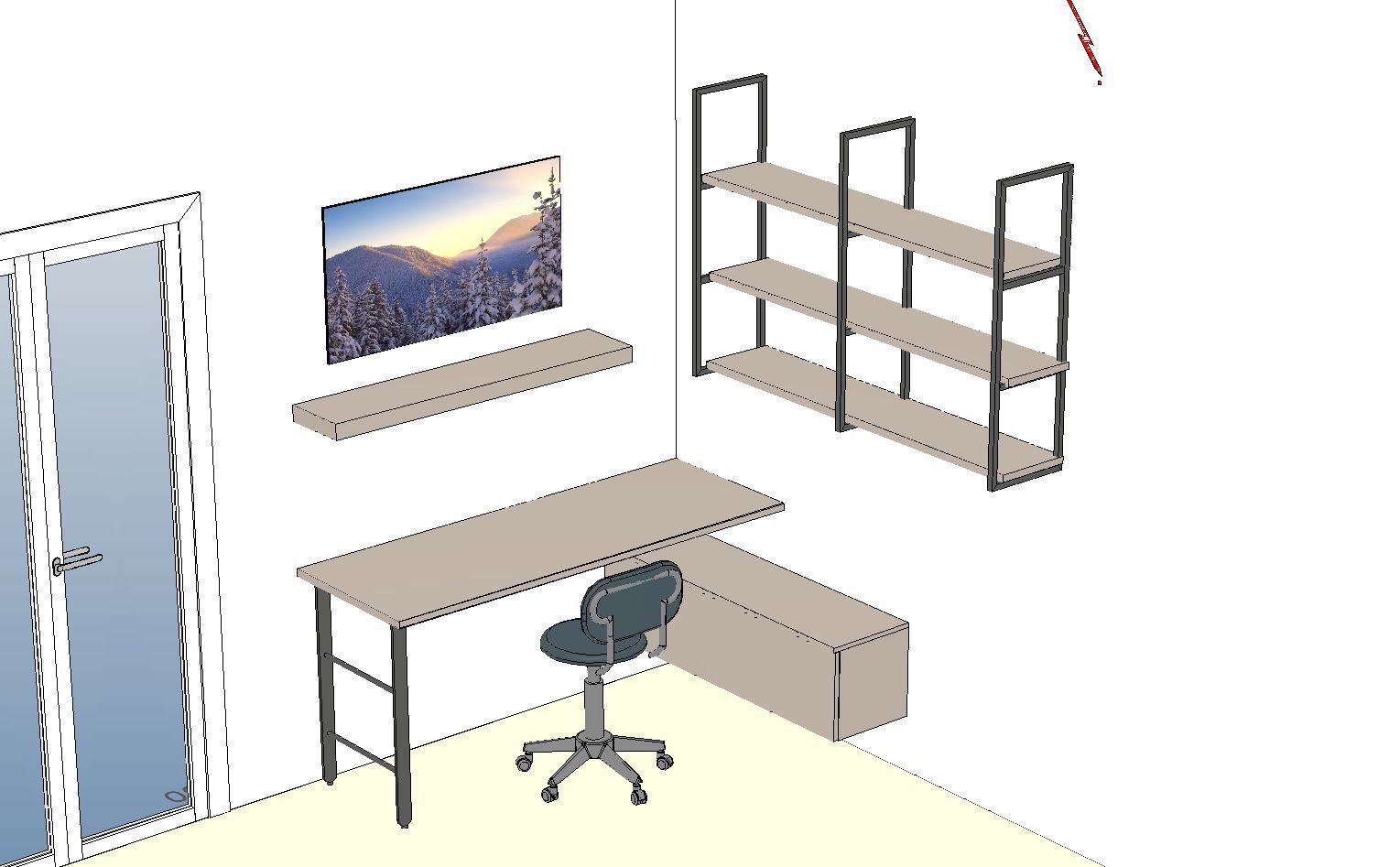 Ufficio allestito con scrivania, sedia, scaffali e TV con scena naturalistica.