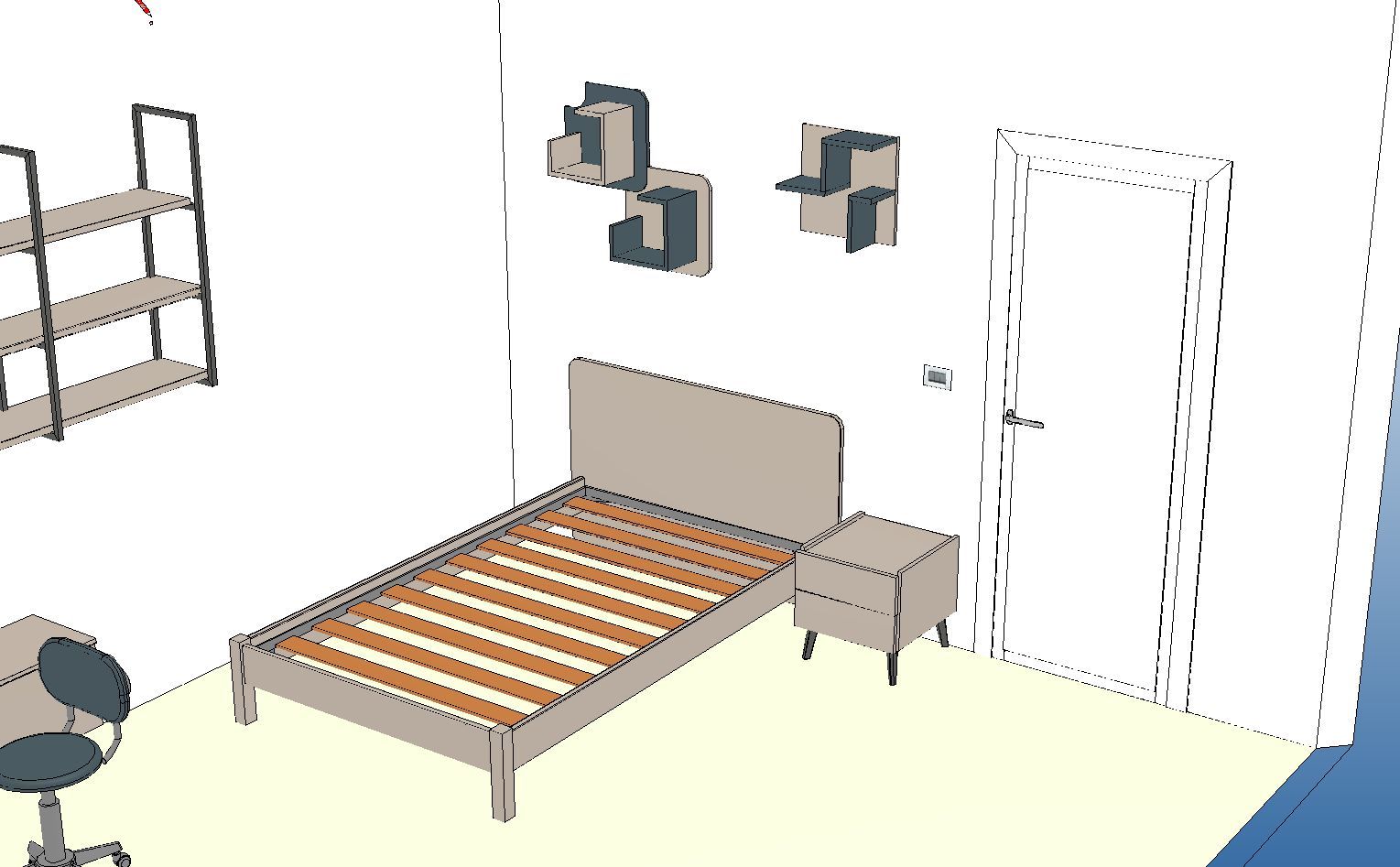 Arredamento della camera da letto: letto, comodino, mensole sospese, scaffalatura, porta.