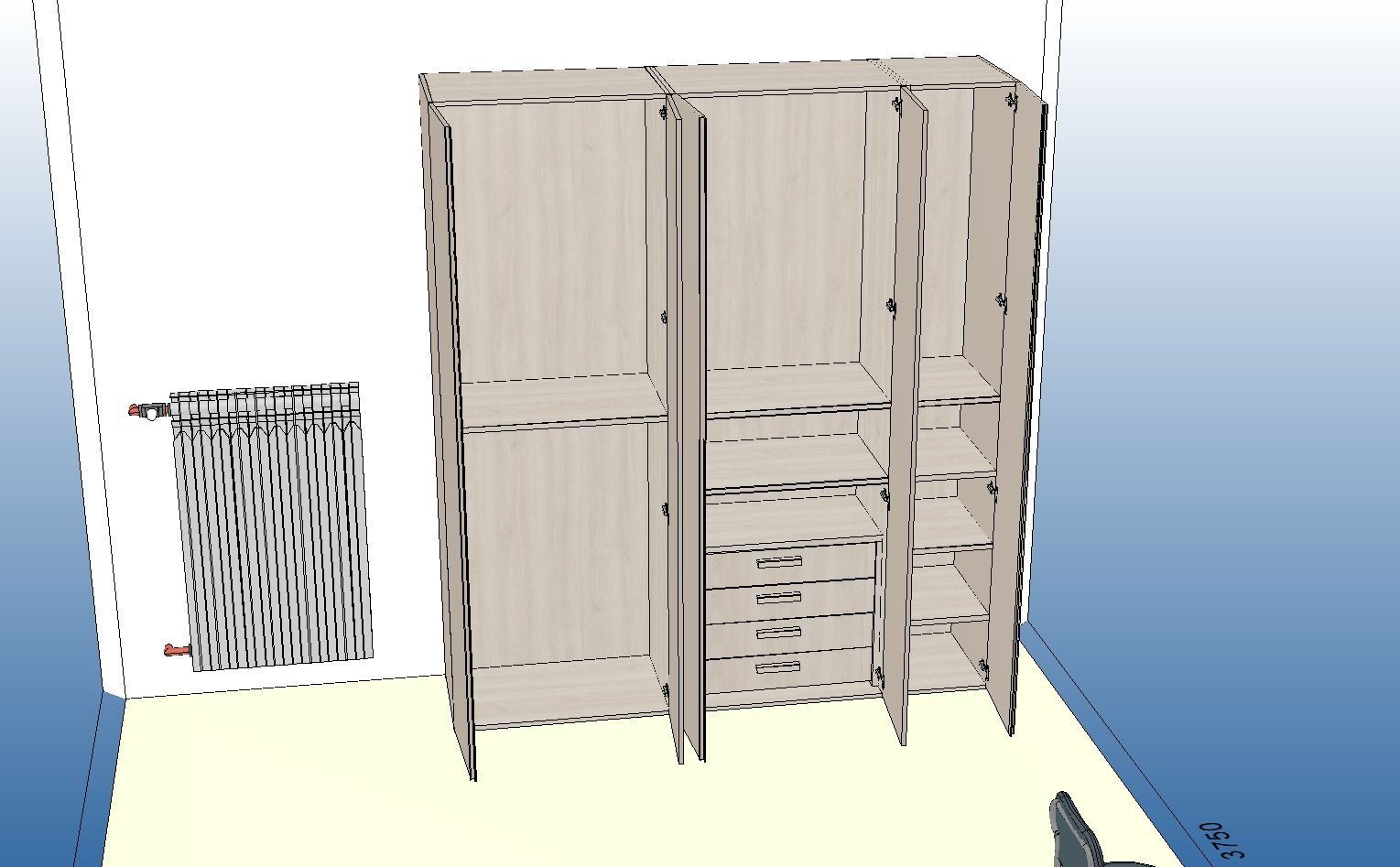 Rendering 3D di un sistema di armadi in una stanza. Il sistema è beige chiaro, con ripiani e cassetti a vista.