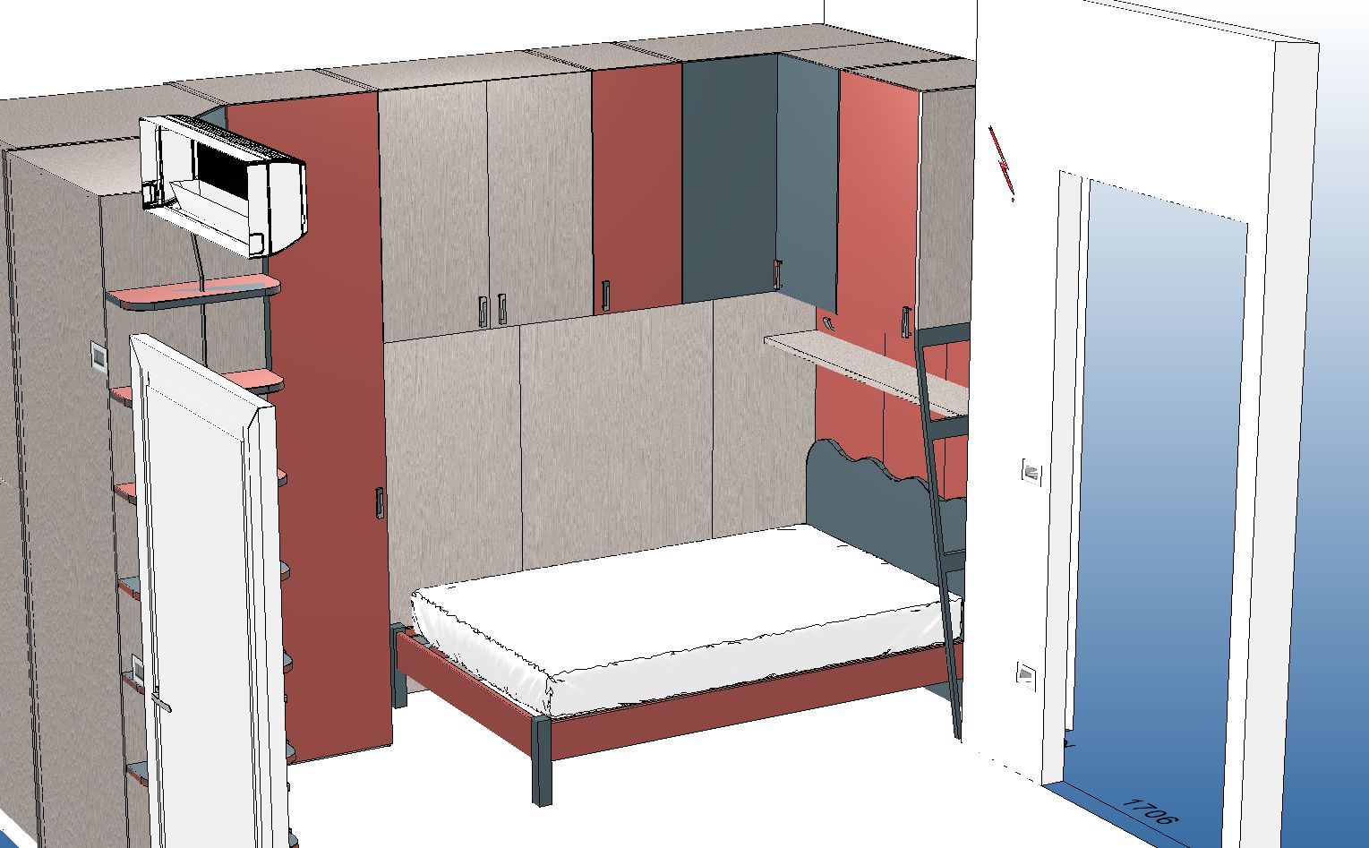 Camera da letto con armadio a muro, letto e condizionatore a parete. Presenta tonalità di rosso, grigio e blu.