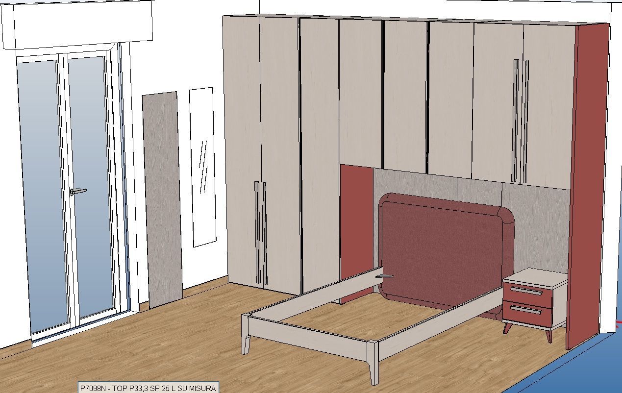 Design della camera da letto: letto con testiera rossa, comodino, armadio e una grande finestra.