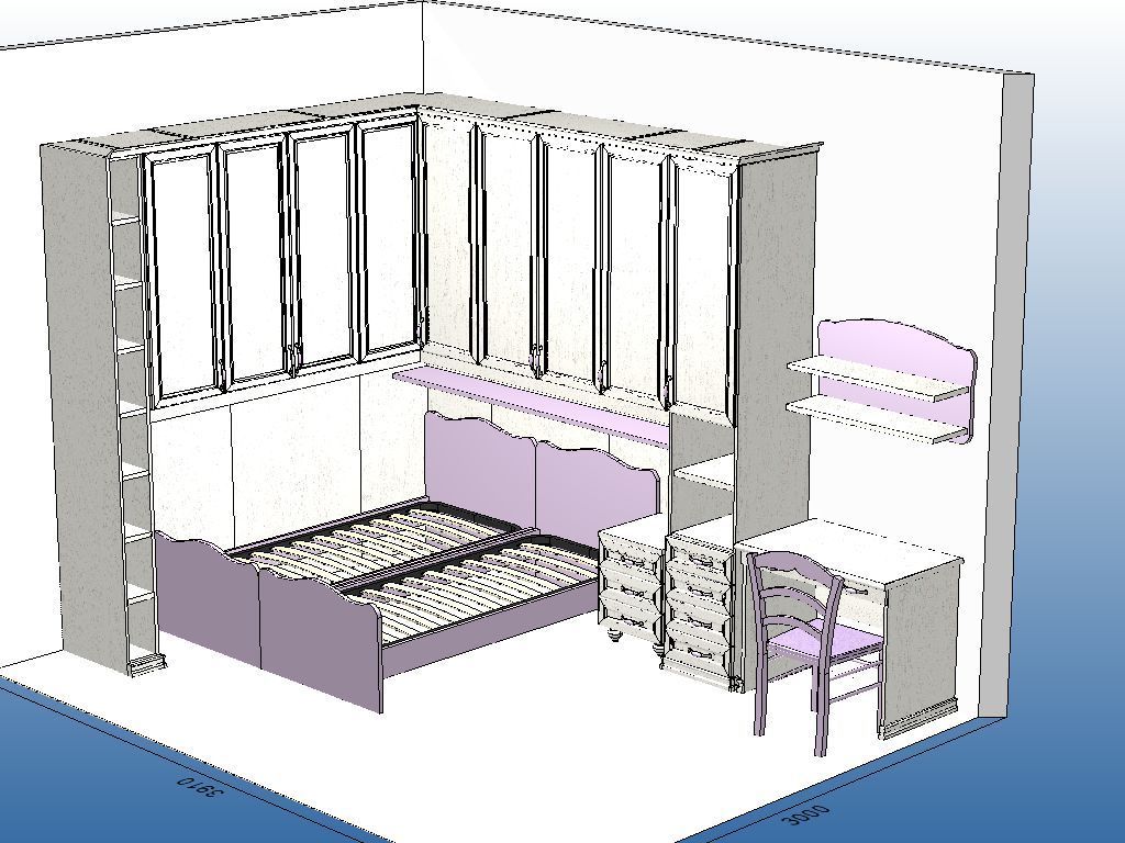 Vista isometrica di una camera da letto con letto a muro, scrivania, armadietti e una sedia. Colori viola chiaro e bianco.