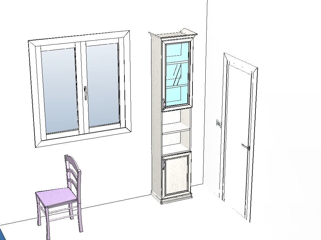 Interno di una stanza con una finestra, un mobile alto, una sedia e una porta, disegnati con linee di schizzo.