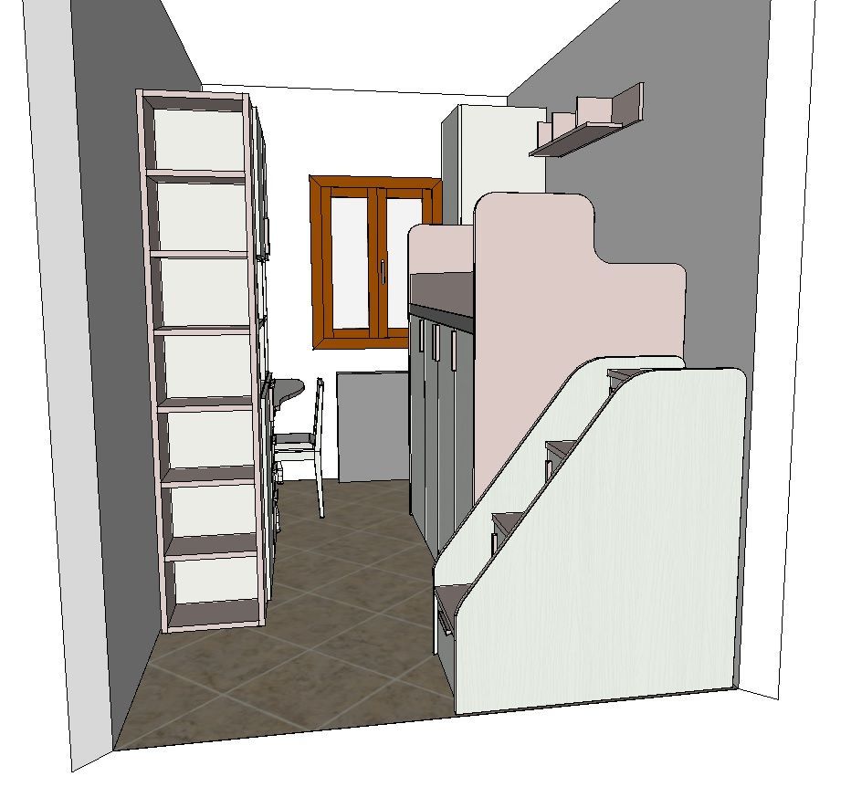 Rendering 3D di una piccola stanza. C'è un letto a soppalco con scale, una libreria, una scrivania e una finestra.