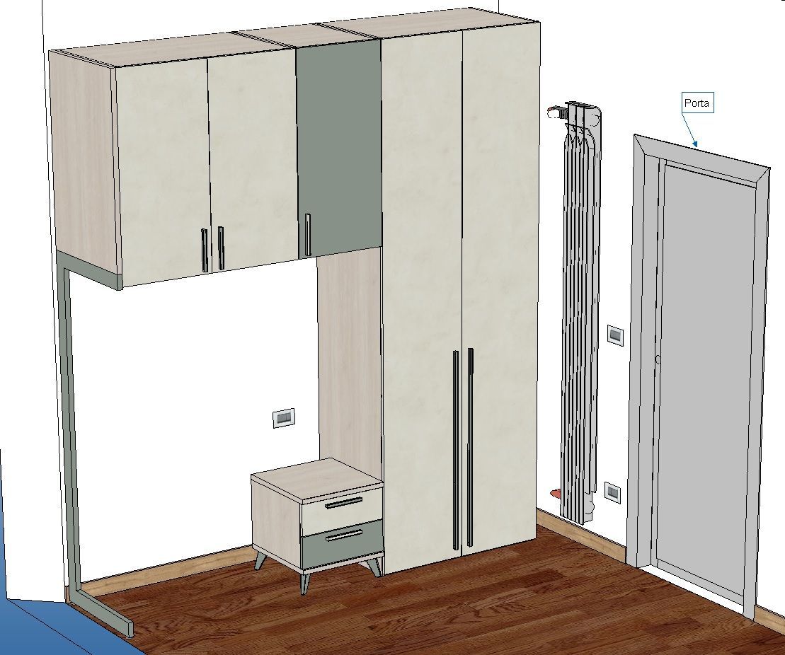Rendering 3D dei mobili della camera da letto: armadio, pensili, comodino e porta in una stanza.