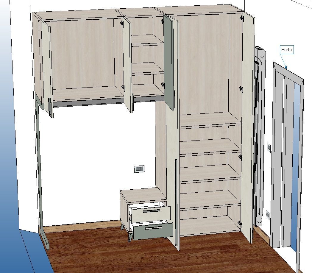 Rendering 3D di un sistema di mobili da incasso con ripiani, cassetti e una sezione superiore, posizionato in una stanza.