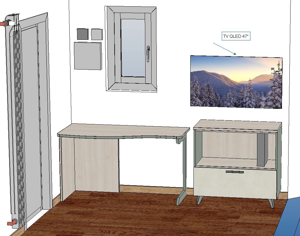 Disposizione di una stanza con scrivania, mobiletto, quadri, specchio e termosifone, renderizzata in stile 3D.