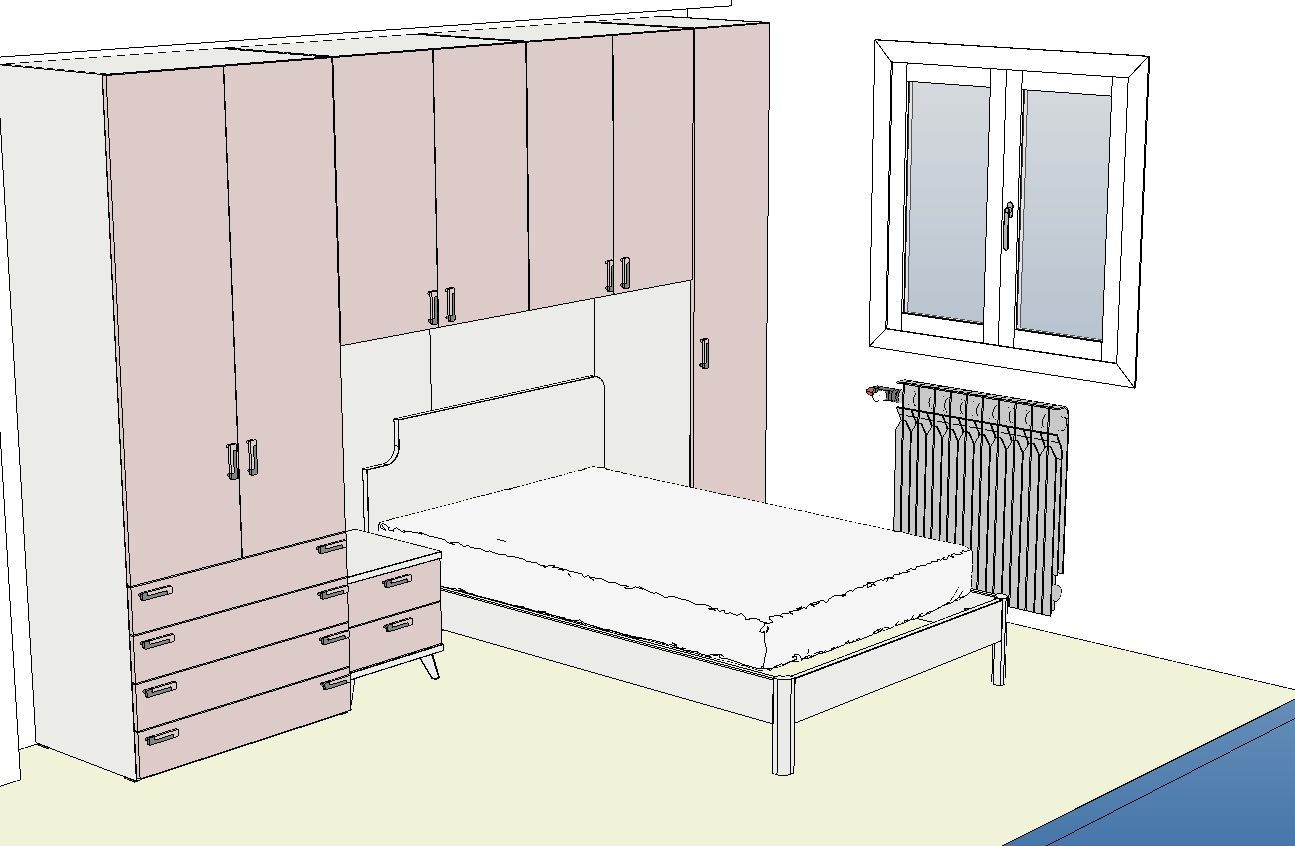 Interno della camera da letto con letto, armadio, finestra e termosifone.