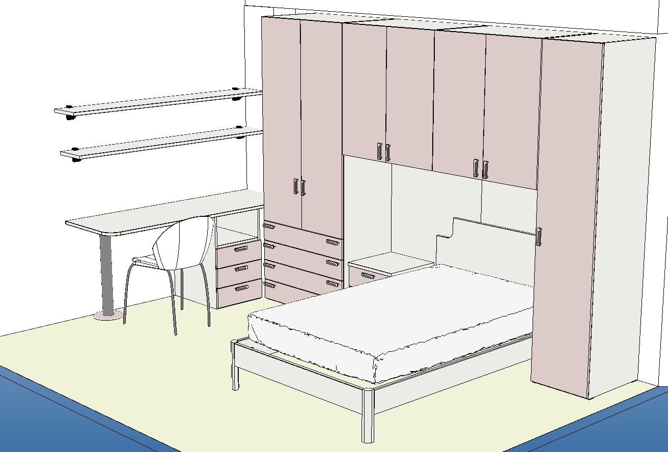 Interno della camera da letto con letto a muro, armadio, scrivania e scaffali, rosa chiaro e bianco.