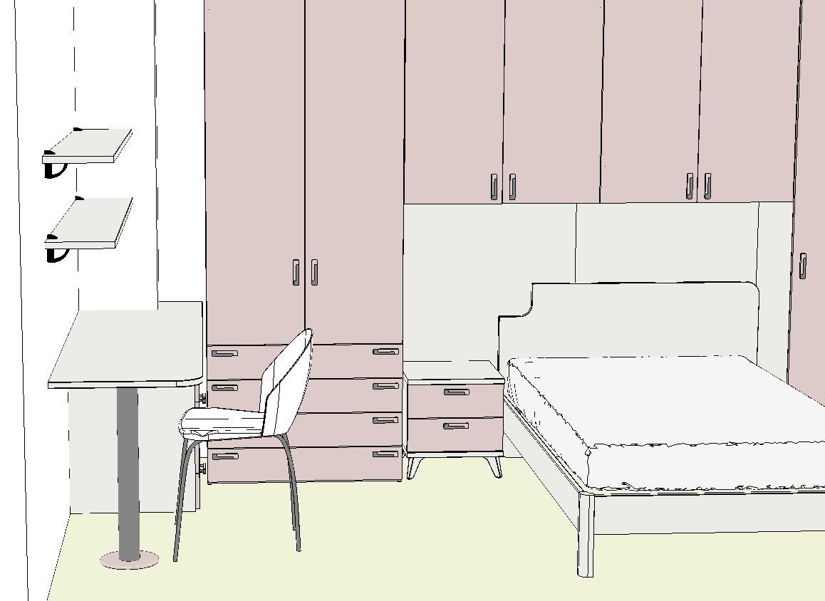 Arredamento della camera da letto: letto, scrivania, sedia, scaffali e armadietti in rosa chiaro e bianco.