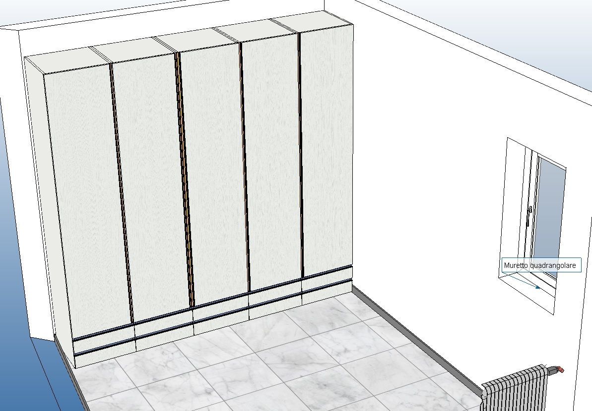 Rendering 3D di un armadio con cinque ante bianche contro una parete bianca in una stanza con pavimento piastrellato e finestra.