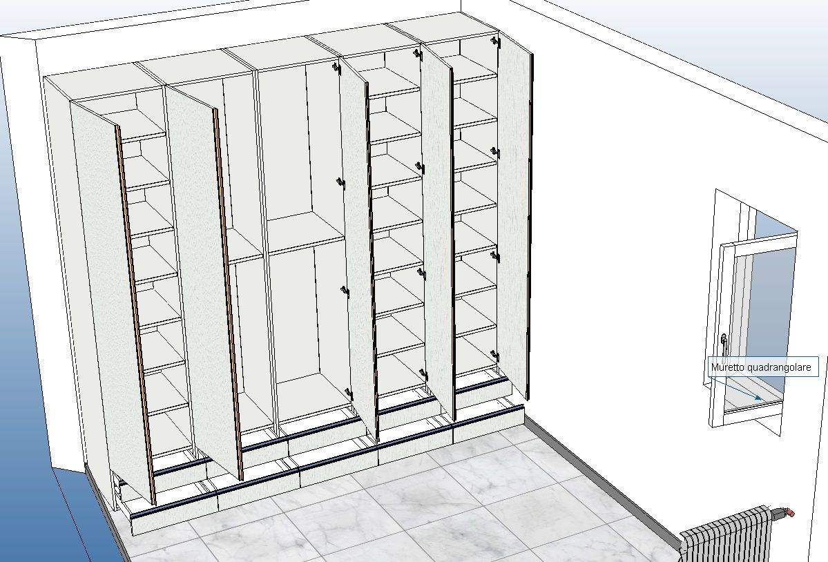 Rendering architettonico 3D di una scaffalatura integrata in una stanza.
