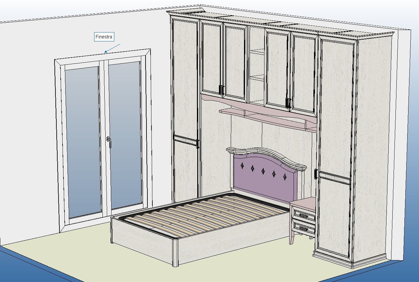 Interno della camera da letto con letto, testiera, armadi a muro e porta scorrevole in vetro.