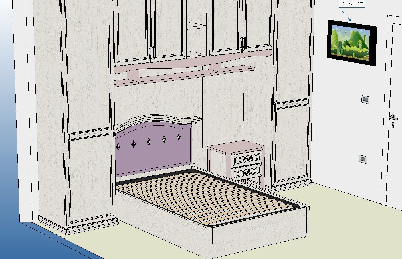 Camera da letto con letto, comodino, armadi a muro e TV a parete.