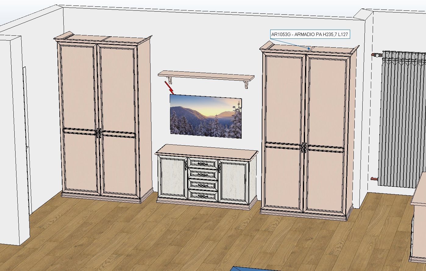 Interno della stanza con due mobili alti che affiancano una TV e un mobile basso.