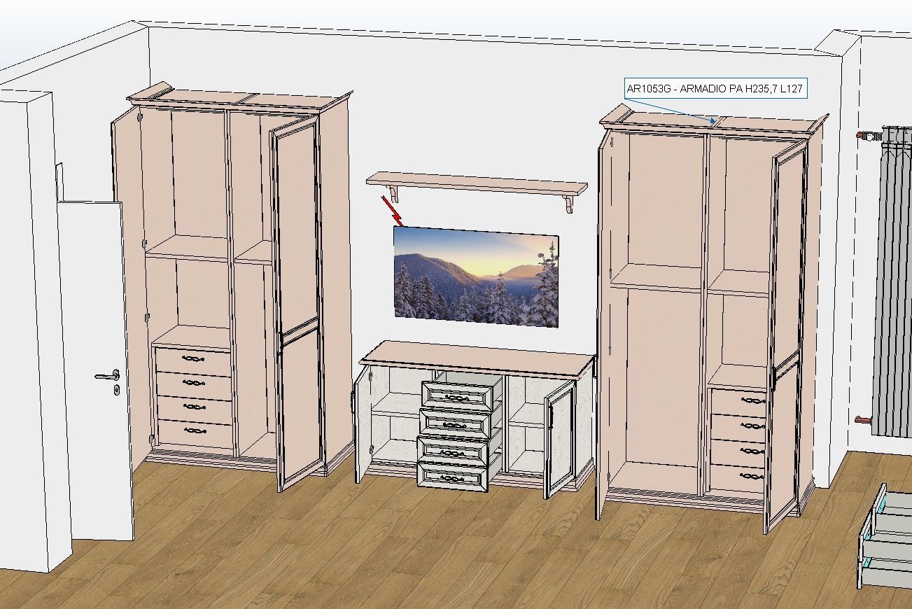 Schizzo di design per la camera da letto con due grandi armadi ai lati di un quadro appeso al muro sopra una cassettiera.