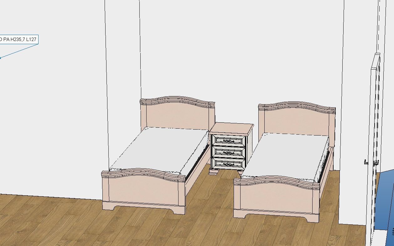 Due letti e un comodino in una camera da letto con pavimenti in legno e pareti bianche.
