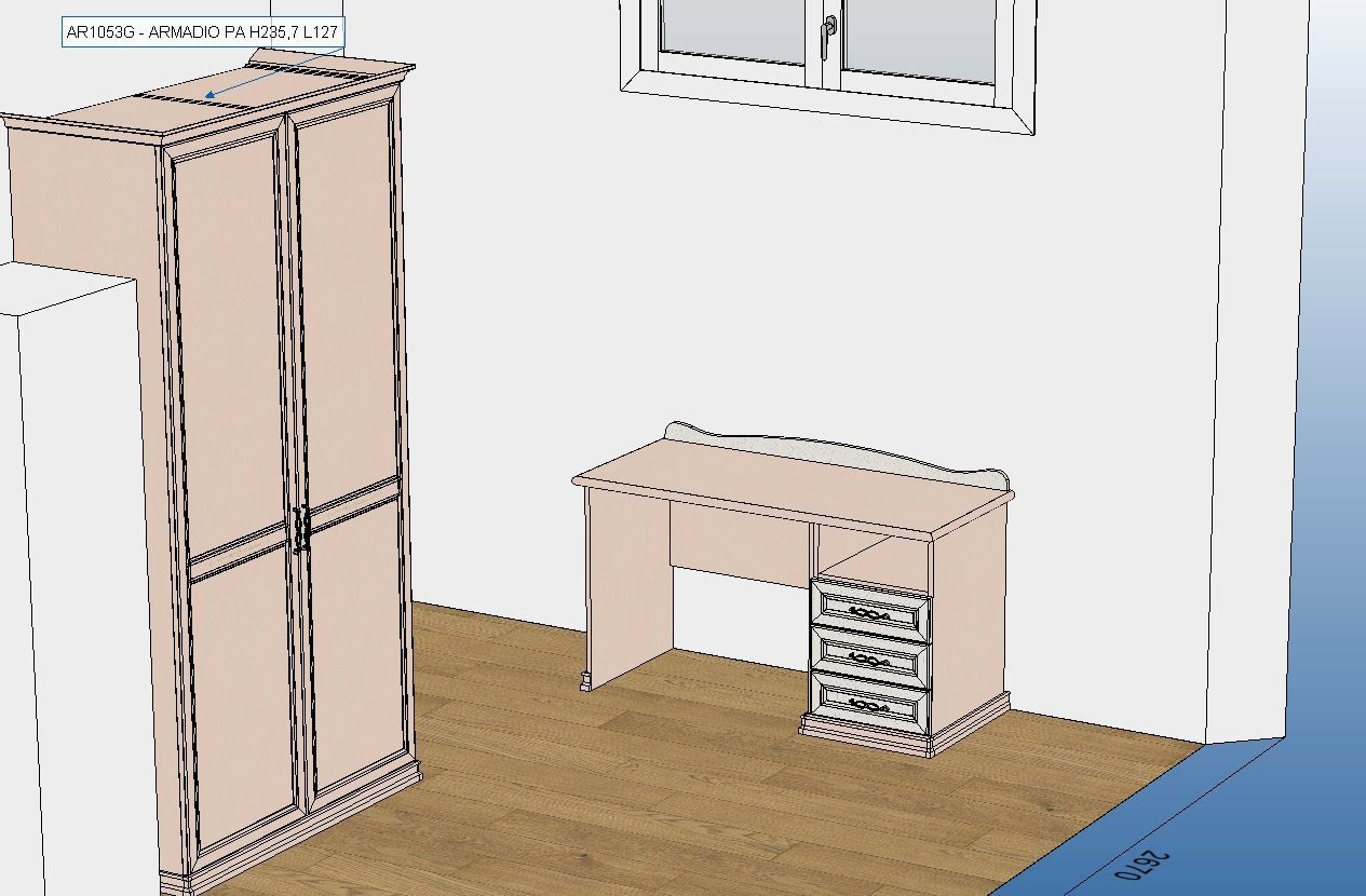 Rendering di una stanza generato al computer che mostra una scrivania e un grande armadio.