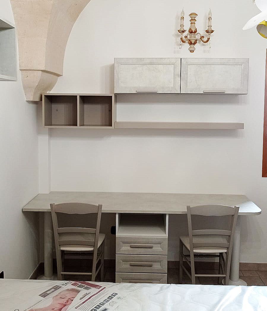 Scrivania bianca con due sedie, armadietti e uno scaffale su una parete bianca.