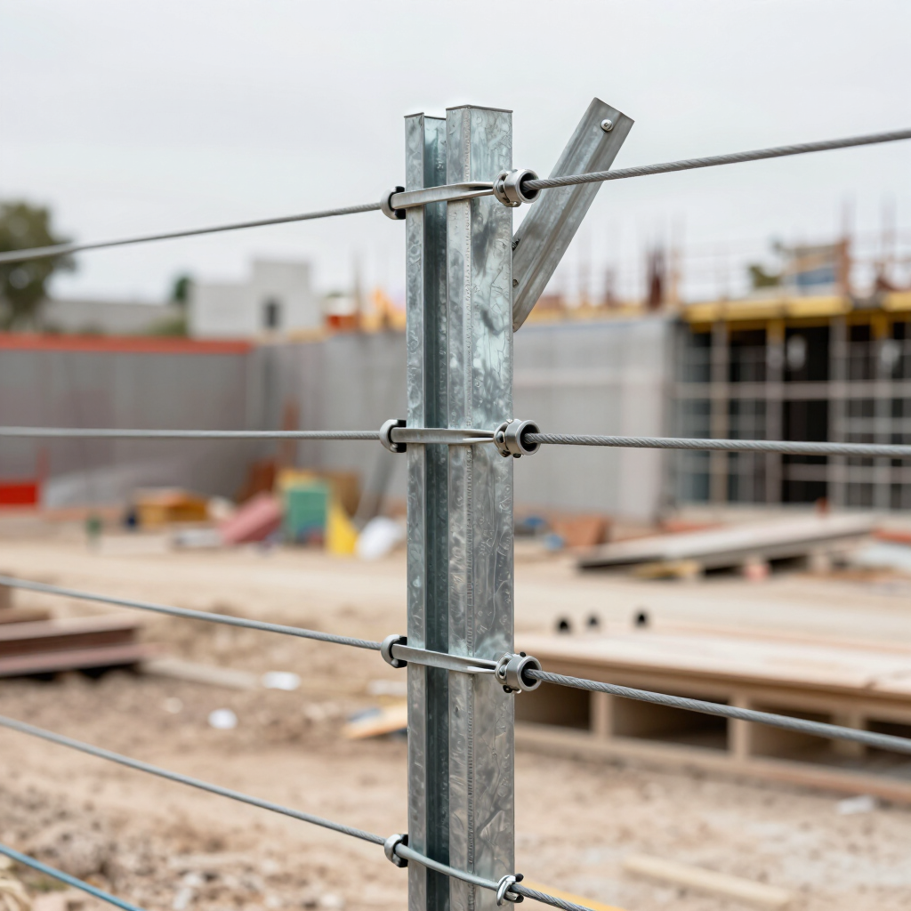 Poste de cerca de metal galvanizado con cables de alambre en una obra de construcción