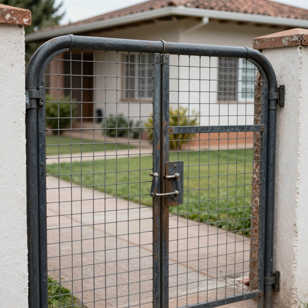 Portón metálico cerrado frente a una casa en las afueras y un césped