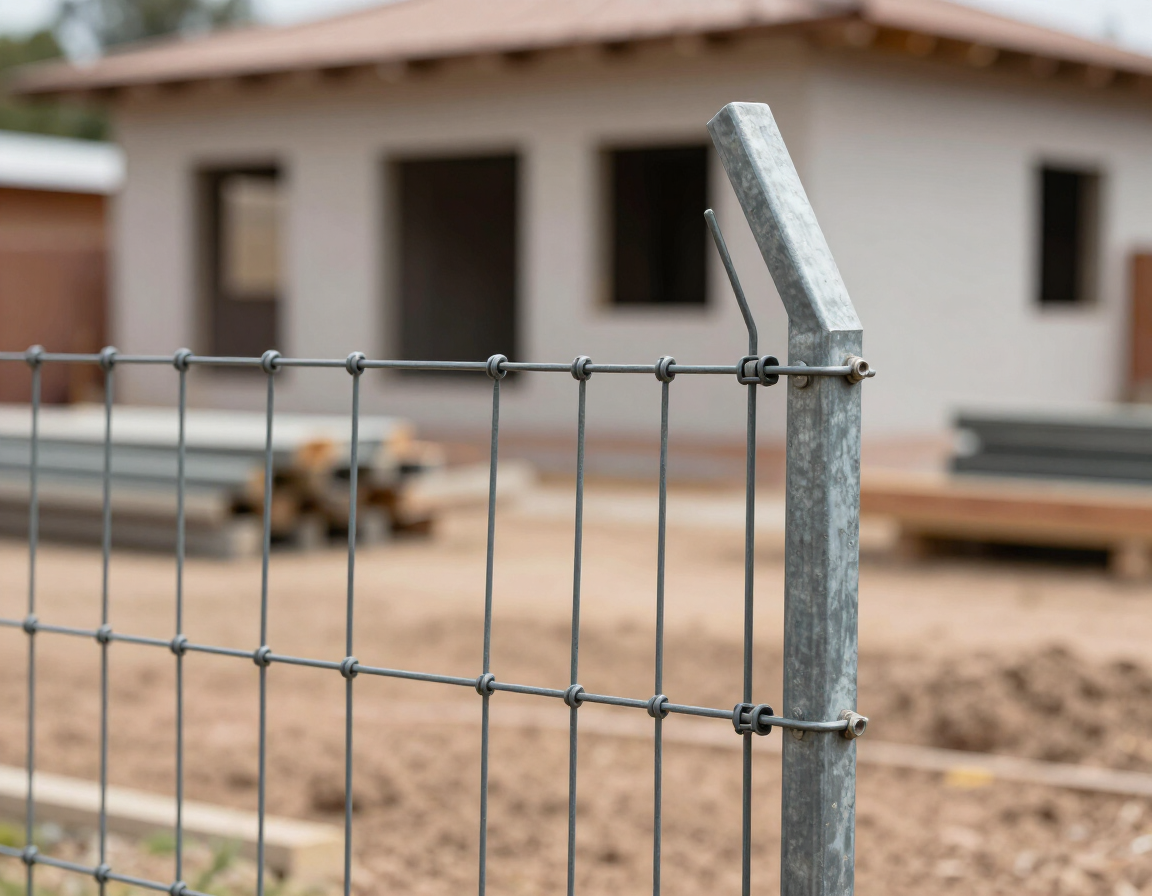 Primer plano de una valla de alambre gris con el riel superior doblado, frente a una casa en construcción