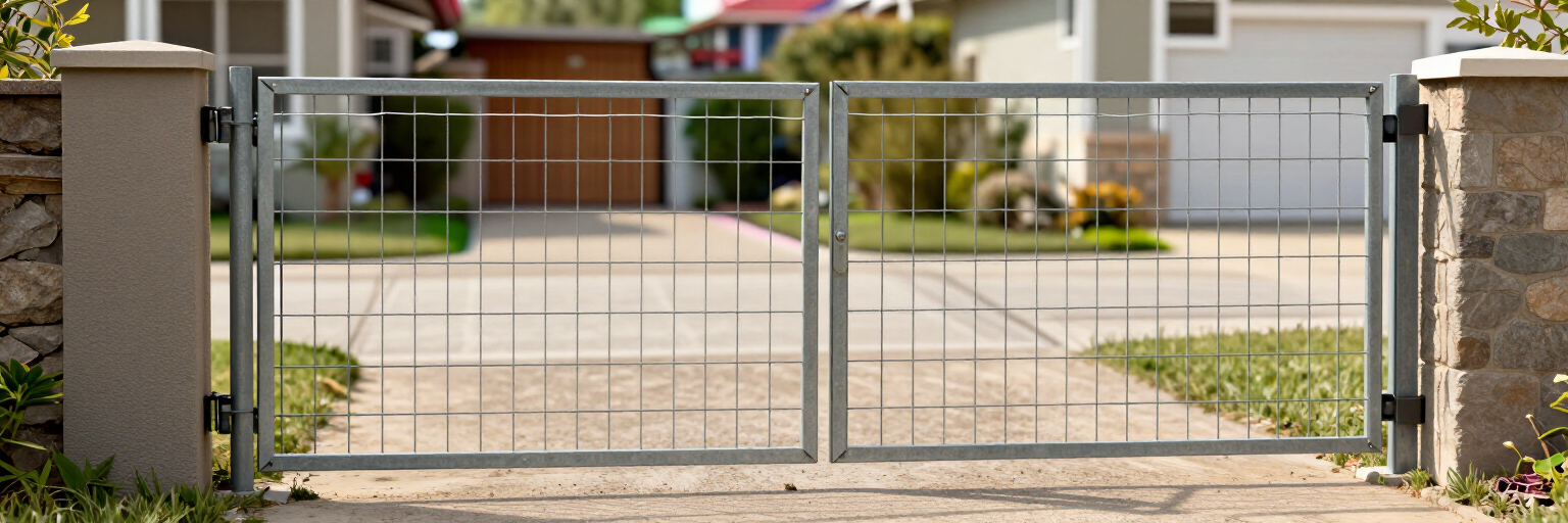 Portón metálico cerrado frente a una casa y un patio en las afueras