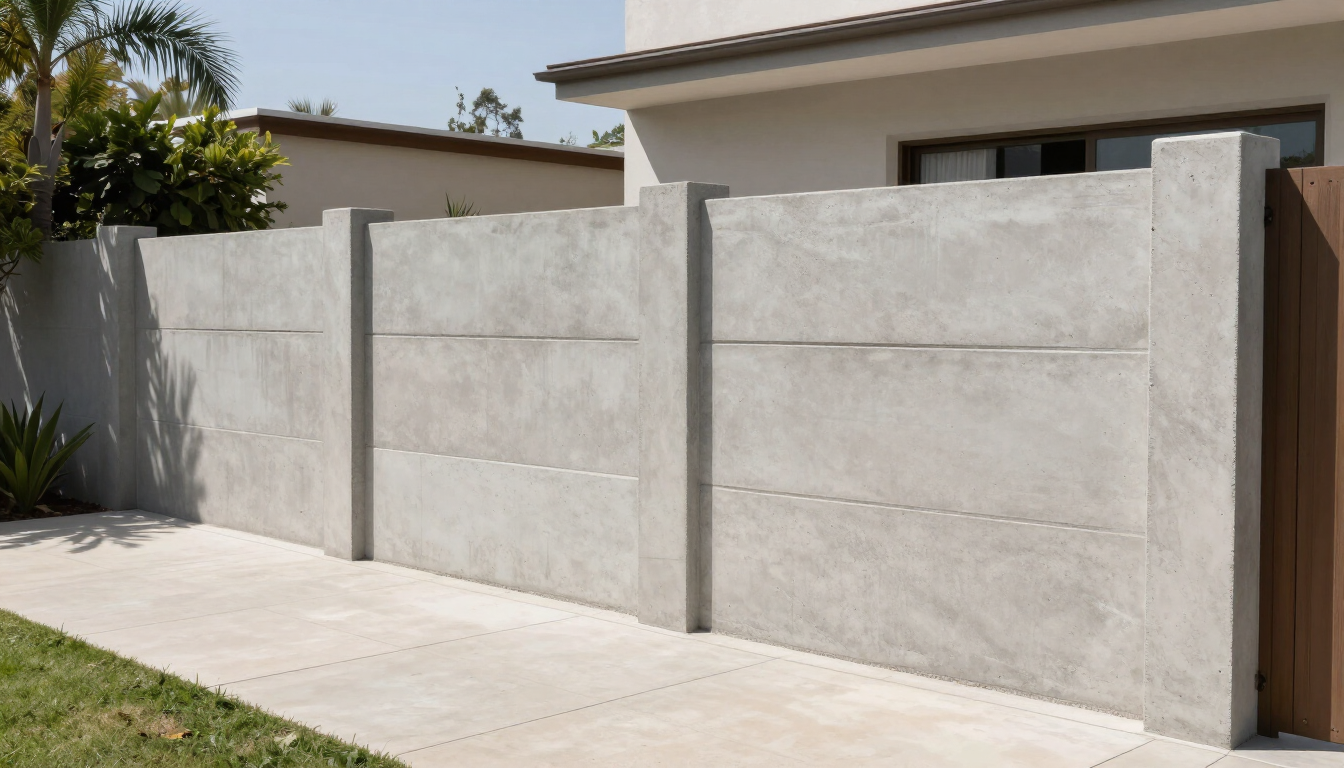Muro moderno de estuco gris con una acera de hormigón delante de una casa y una entrada para vehículos.