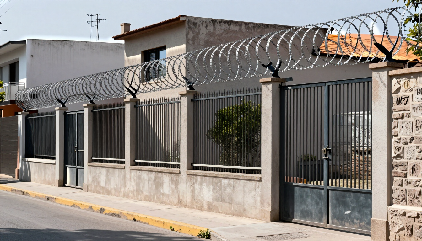 Vista desde la calle de una casa amurallada con portones metálicos y alambre de púas en la parte superior