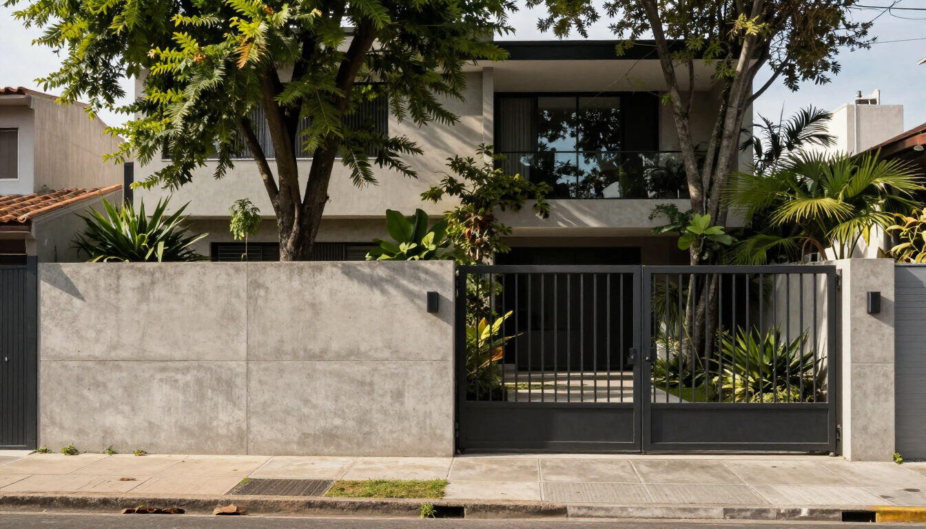 Casa moderna con muro de hormigón, portón negro y árboles grandes junto a la acera