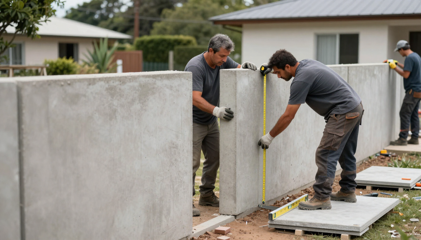Trabajadores instalando paneles de hormigón en una obra, utilizando una cinta métrica y herramientas.