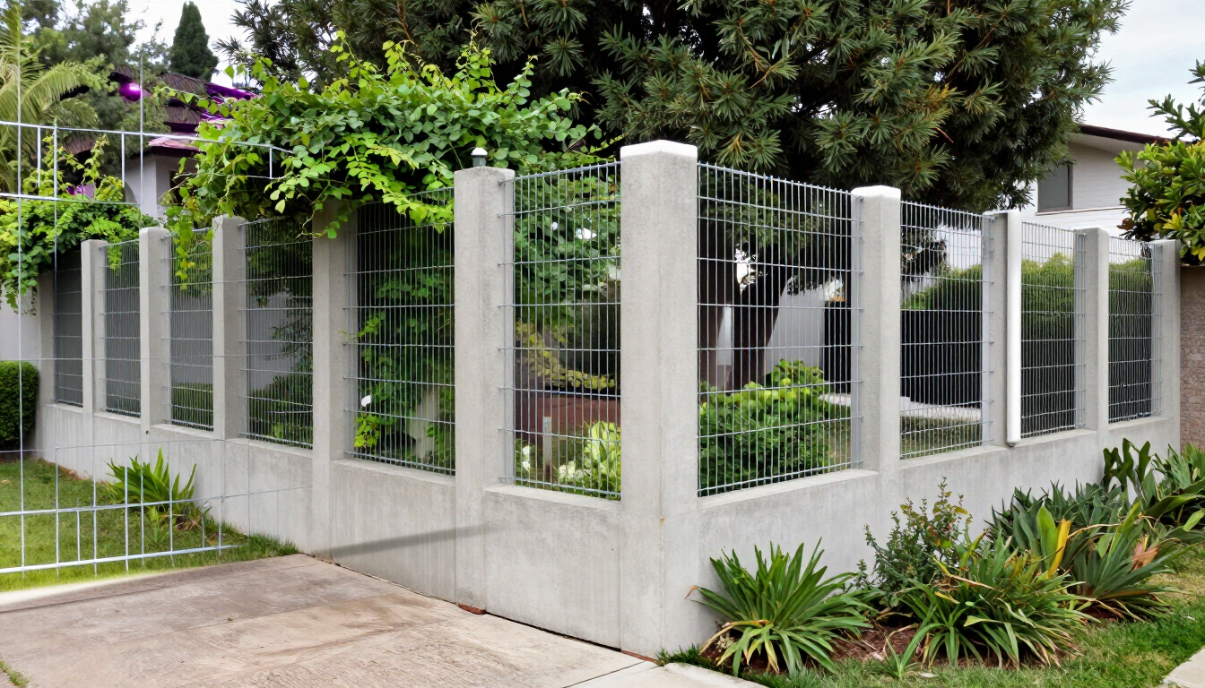 Valla de hormigón y alambre alrededor de un jardín delantero frondoso, con una entrada para vehículos y plantas de jardín