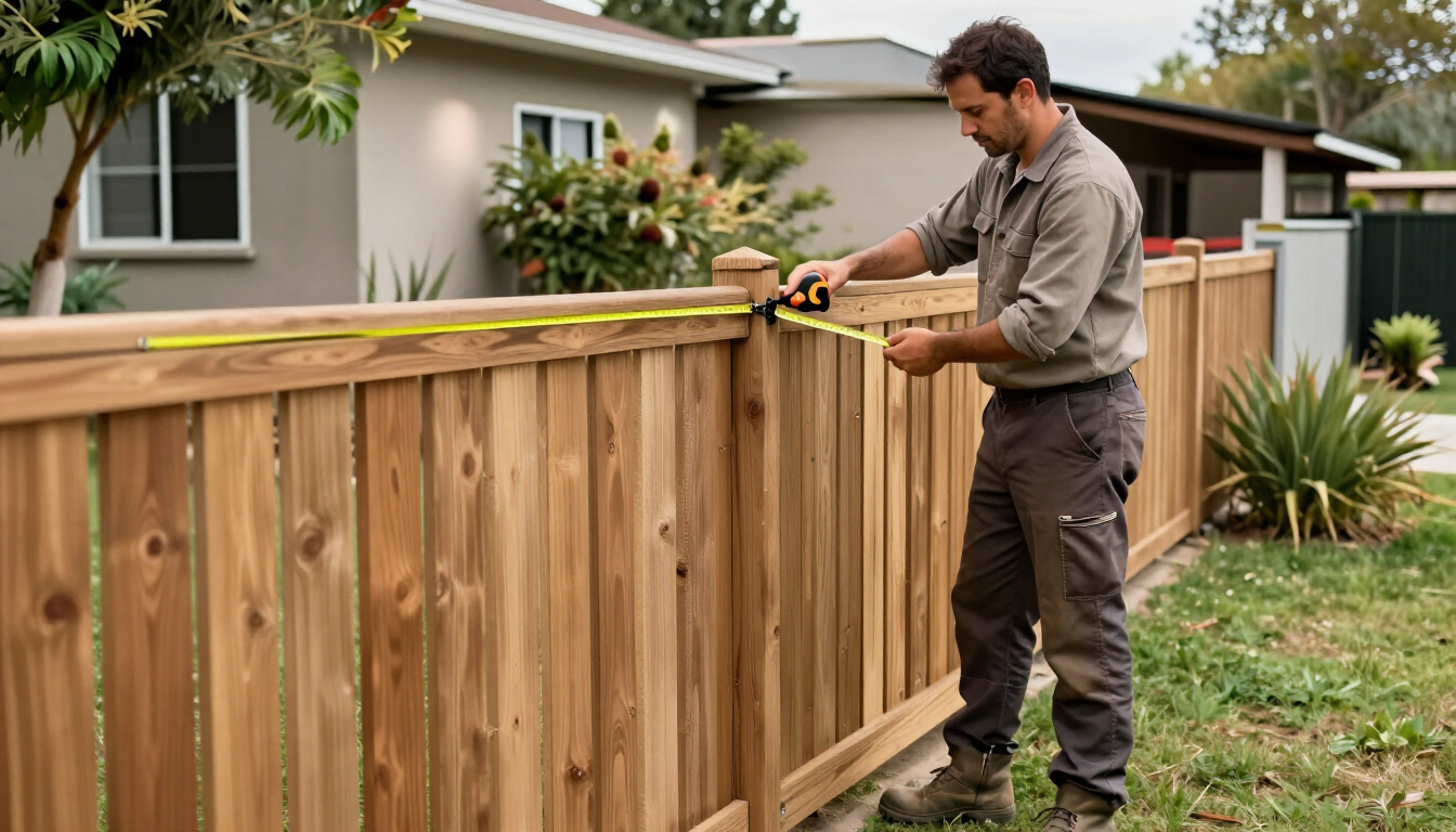 Un hombre midiendo un panel de valla de madera en un jardín junto a una casa