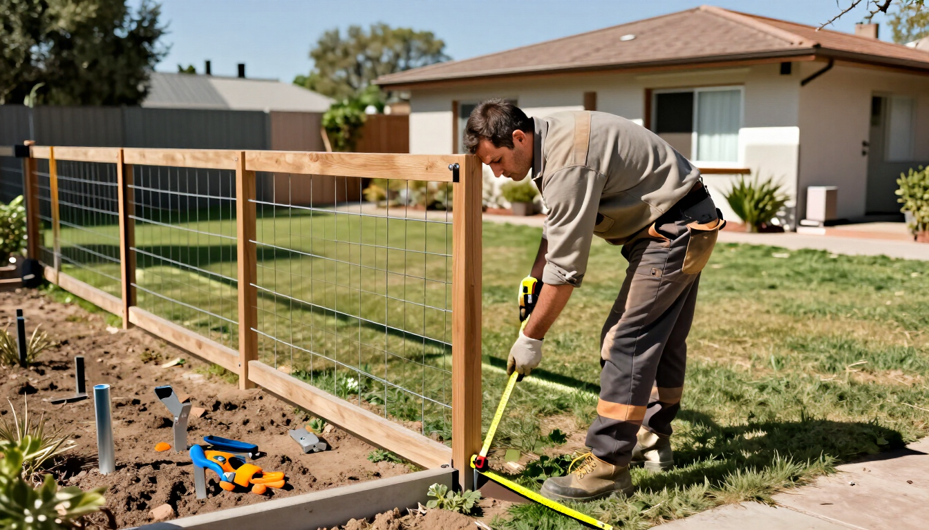 Hombre midiendo y construyendo una cerca de madera en un jardín soleado de las afueras