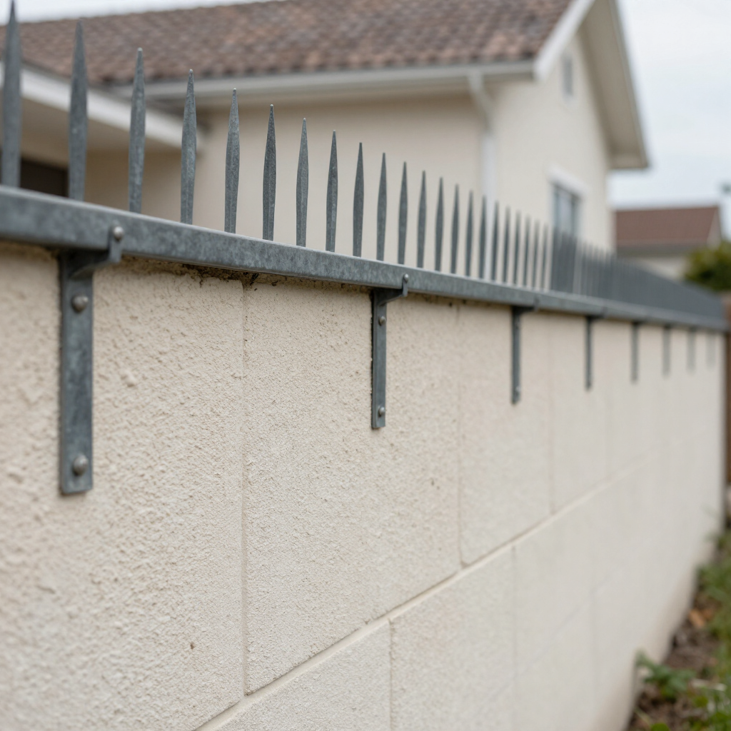 Muro de hormigón coronado con púas metálicas a lo largo de la cerca de una zona residencial