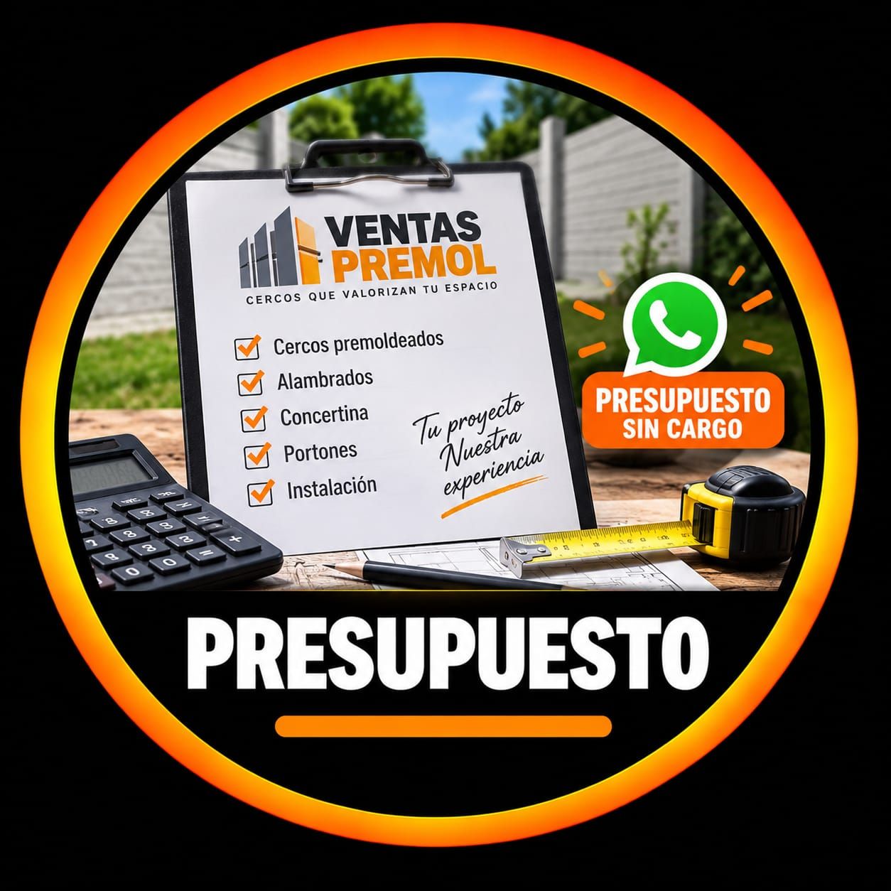 Publicidad de ventas Premol con presupuesto gratuito en un cartel negro, blanco y naranja.