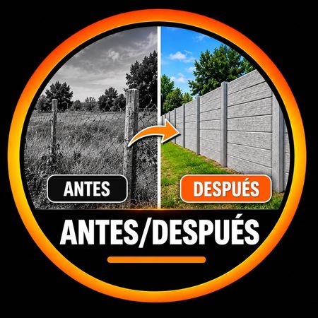 Antes y después de una cerca: de gris anticuada a muro blanco moderno con césped verde y una flecha central.