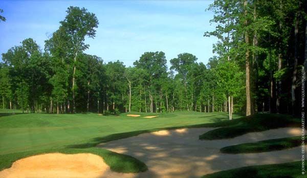Golf course, with green fairway, sand traps, and tall trees under a blue sky.